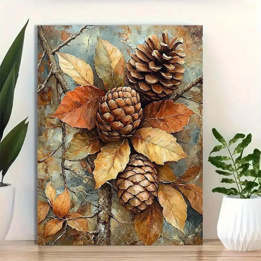 Beautiful Pinecones & Autumn Leaves Painting 40x60cm Metal Print Ready to Hang