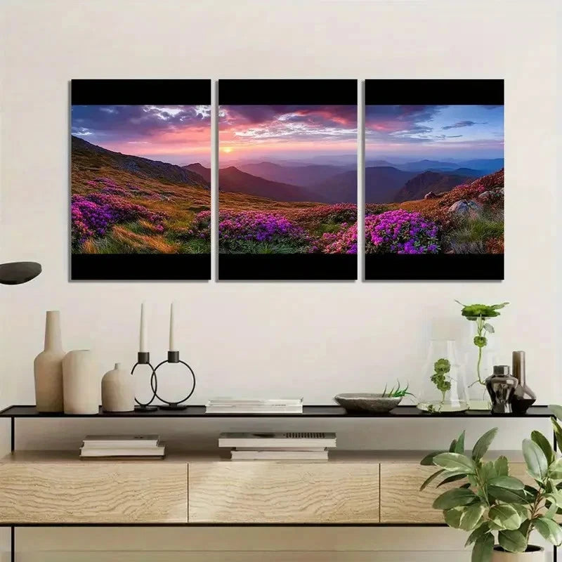 3pcs Sunset Behind Mountains with Colorful Clouds Metal Print Ready to Hang Art
