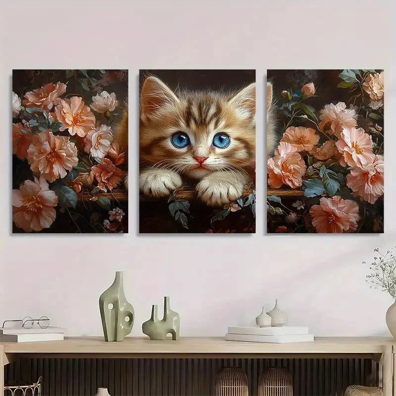 3pcs Painting Sparkling Blue Eyed Kitten Floral Metal Print Ready to Hang Art