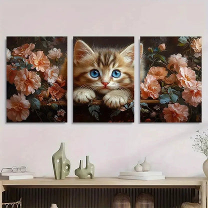 3pcs Painting Sparkling Blue Eyed Kitten Floral Metal Print Ready to Hang Art