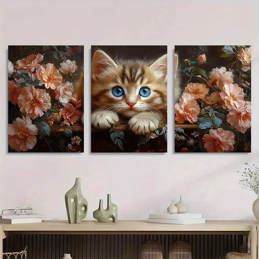 3pcs Painting Sparkling Blue Eyed Kitten Floral Metal Print Ready to Hang Art