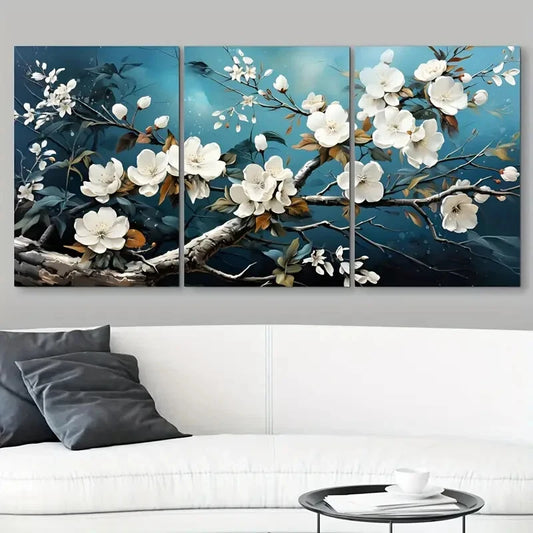 3pcs White Florals Blue Brown Leaves Metal Print Ready to Hang Art