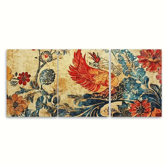 3pcs Vintage-Inspired Kalamkari Elegant Floral Metal Print Ready to Hang Art