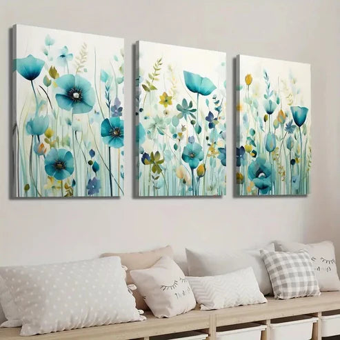 3pcs Beautiful Light Blue Wildflower Field Wall Art Set Canvas Unframed - High Quality Print 100% Australian Made Wall Canvas