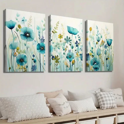 3pcs Beautiful Light Blue Wildflower Field Wall Art Set Canvas Unframed - High Quality Print 100% Australian Made Wall Canvas