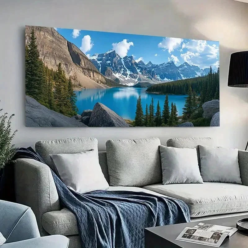 Snowy Peaks Trees Lake wall canvas office home room framed 120x60cm - Bella Home Decor