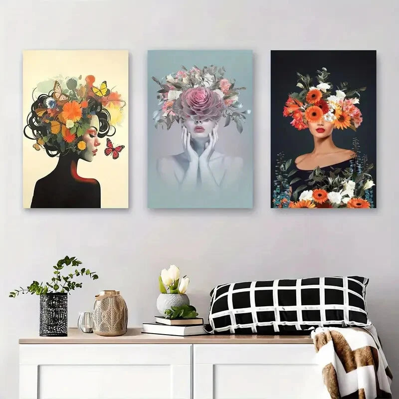 3pcs Abstract Portraits with Floral And Butterfly Metal Print Ready to Hang Art