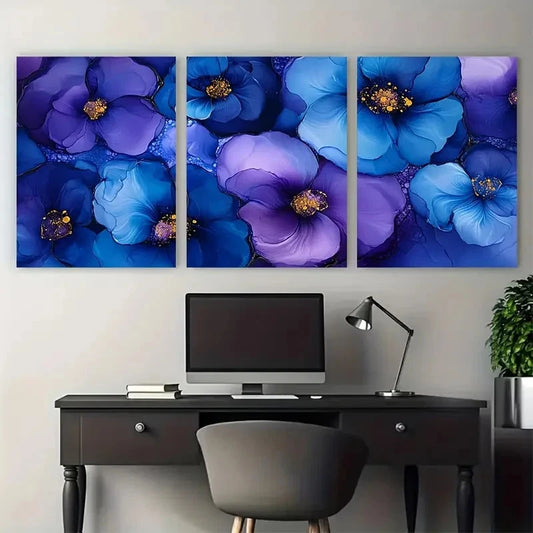 3pcs Vibrant Floral in Abstract Blue and Purple Metal Print Ready to Hang Art