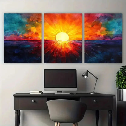 3pcs Abstract Sun Rays Vibrant Illustration Wall Art Set Canvas Framed 40x60cm - High Quality Print 100% Australian Made Wall Canvas Ready to Hang
