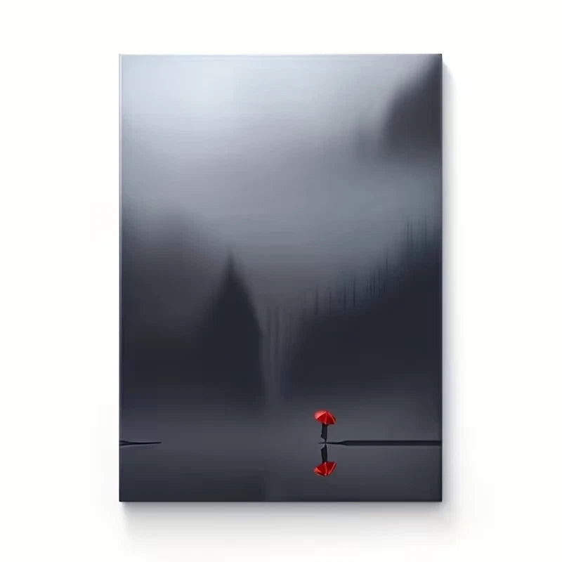 Misty Forest Abstract with Red Umbrella Metal Print Ready to Hang