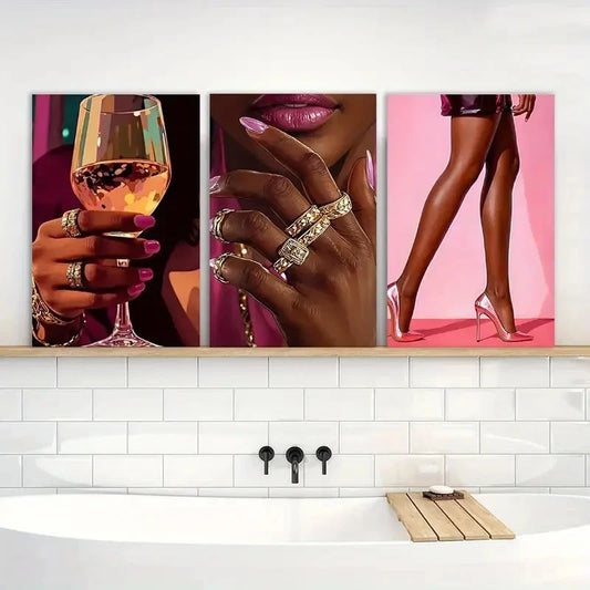 3pcs African American Women in Pink and Black Metal Print Ready to Hang Art