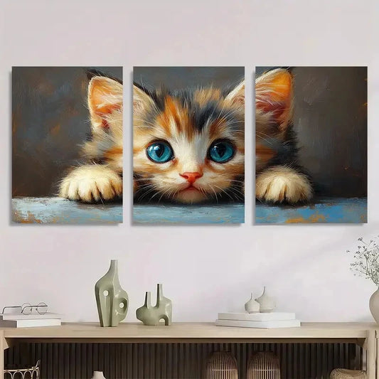 3pcs Adorable Kitten Blue-Eyed Fluffy Cats Metal Print Ready to Hang Art