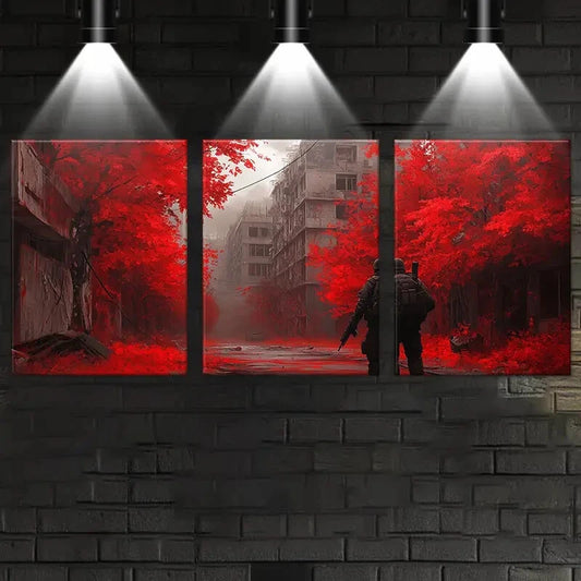 3pcs Vibrant Red Cityscape Modern Metal Print Ready to Hang Art