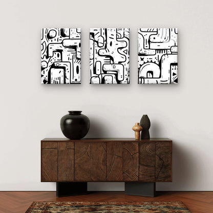 3pcs Black and White Abstract Doodle Wall Art Set Canvas Framed 60x90cm - High Quality Print 100% Australian Made Wall Canvas Ready to Hang