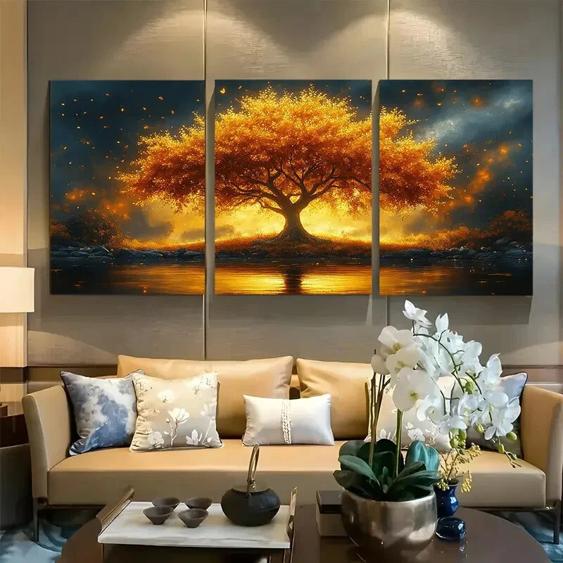 3pcs Solitary Golden Blossoms Tree of Life Luxury Metal Print Ready to Hang Art