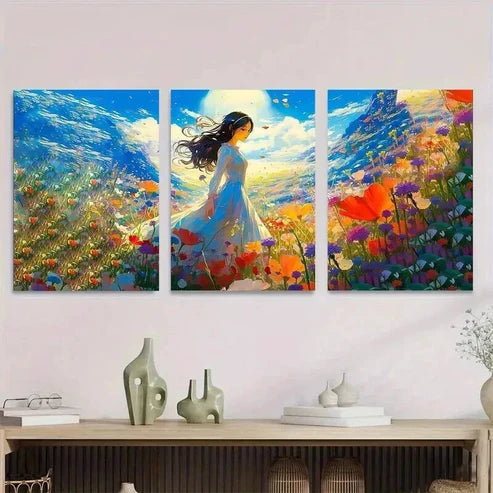 3pcs Beautiful Woman In Flower Vibrant Landscape Wall Art Set Canvas Unframed - High Quality Print 100% Australian Made Wall Canvas