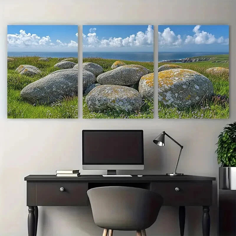 3pcs Sea Worn Boulders near Lands End Cornwall Metal Print Ready to Hang Art