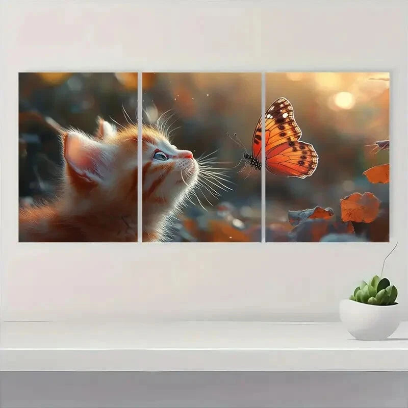 3pcs Charming Kitten & Butterfly Vibrant Nature Metal Print Ready to Hang Art