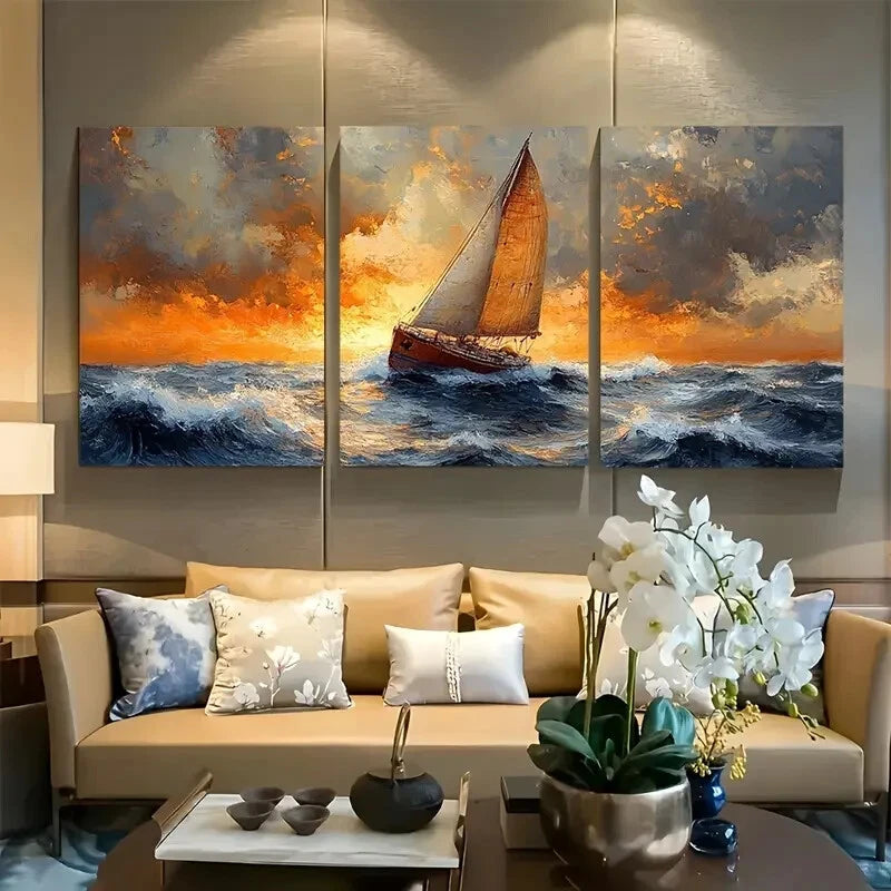 3pcs Brown Ship Sailing Ocean Metal Print Ready to Hang Art