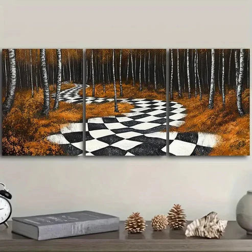 3pcs Black & White Checkered Pathway in Forest Wall Art Set Canvas Unframed – High Quality Print 100% Australian Made Wall Canvas