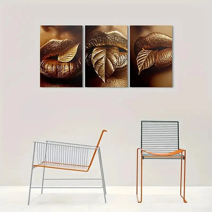 3pcs Golden Leaf Lips Triptych Metal Print Ready to Hang Art