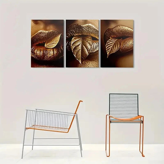 3pcs Golden Leaf Lips Triptych Metal Print Ready to Hang Art