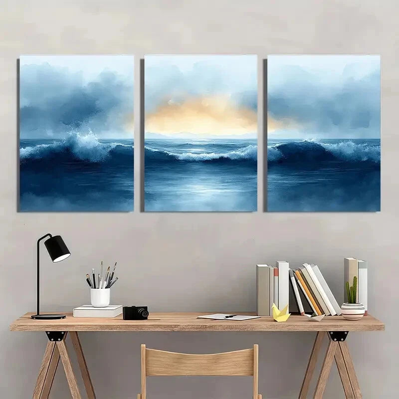 3pcs Ocean Beach Painting in Watercolor Style Metal Print Ready to Hang Art