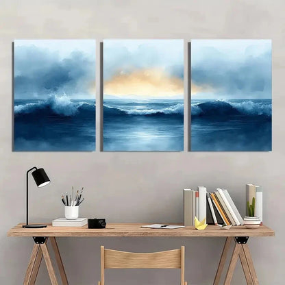 3pcs Ocean Beach Painting in Watercolor Style Metal Print Ready to Hang Art
