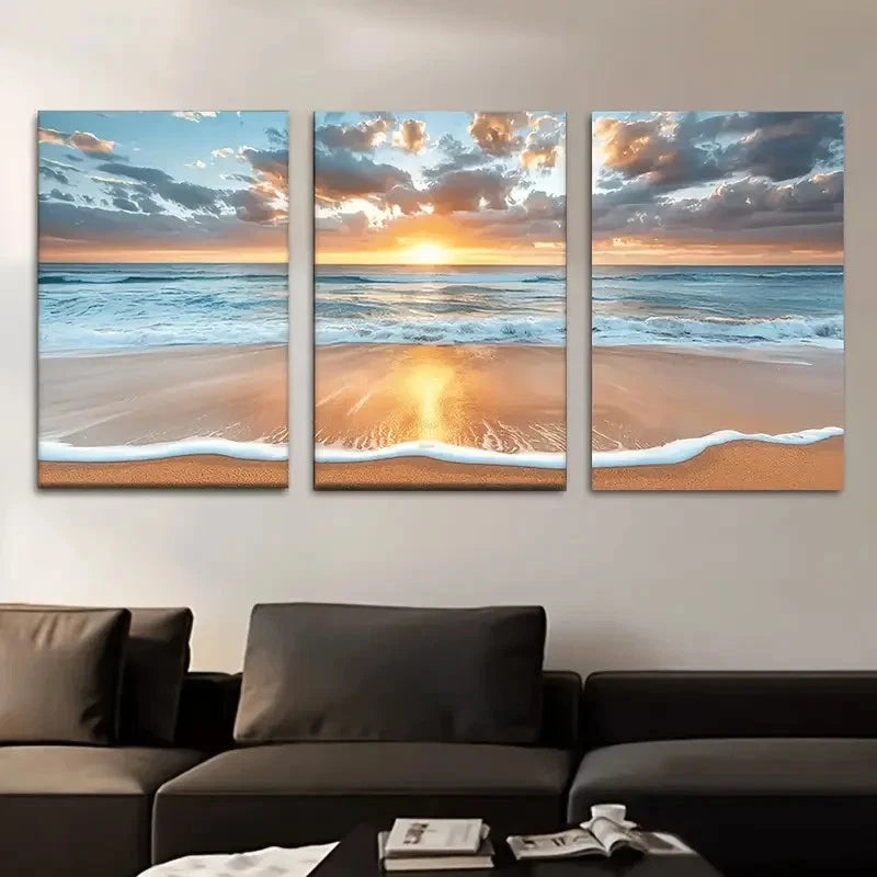 3pcs Beach Sunset Serene Ocean Waves Metal Print Ready to Hang Art