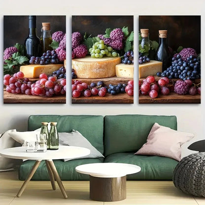3pcs Cheese & Grape Still Life Metal Print Ready to Hang Art