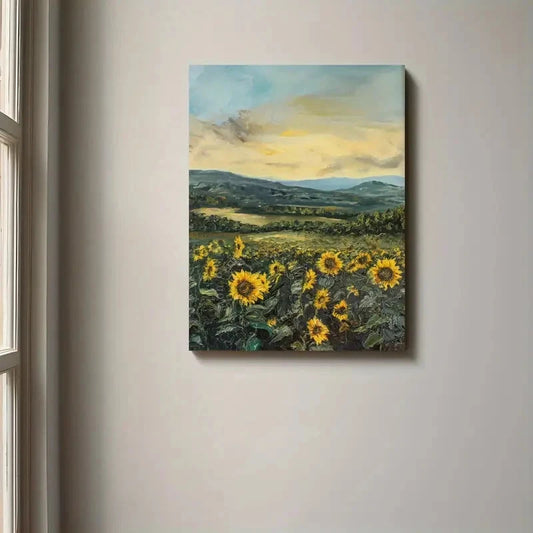 Beautiful Moody Sunflower Landscape Painting 40x60cm Metal Print Ready to Hang