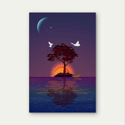 Surreal Sunset and Moon Tree Island Dreamscape 40x60cm Metal Print Ready to Hang