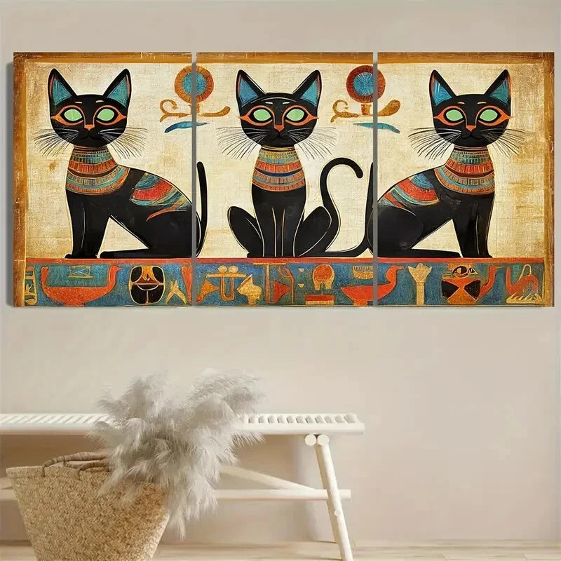 3pcs Vibrant Egyptian Ornament Egypt Cat Metal Print Ready to Hang Art