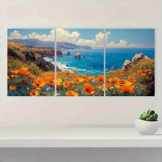 3pcs Big Sur Landscape with Vibrant Yellow Poppy Metal Print Ready to Hang Art