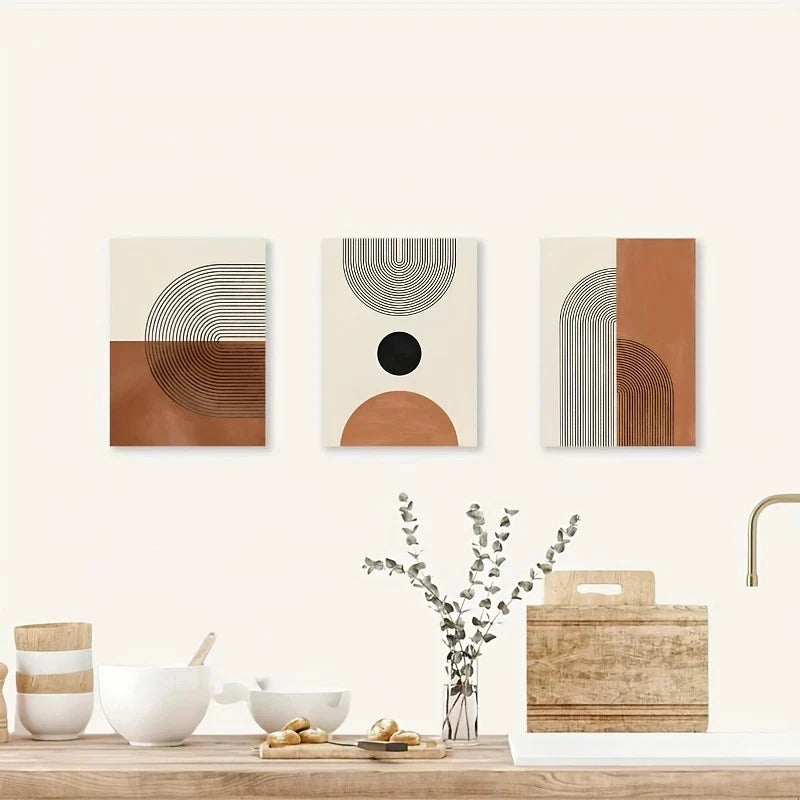3pcs Mid Century Geometric Boho Metal Print Ready to Hang Art