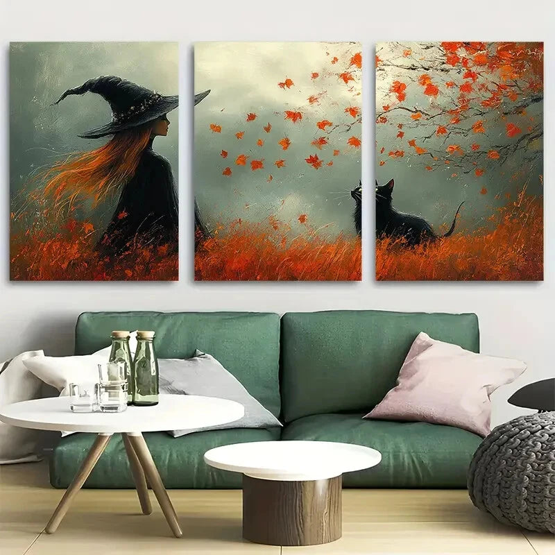 3pcs Enchanting Autumn Witch with Black Cat Metal Print Ready to Hang Art