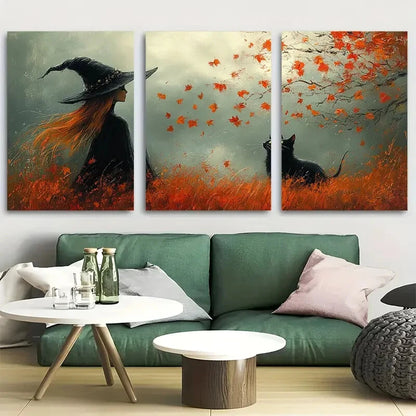 3pcs Enchanting Autumn Witch with Black Cat Metal Print Ready to Hang Art