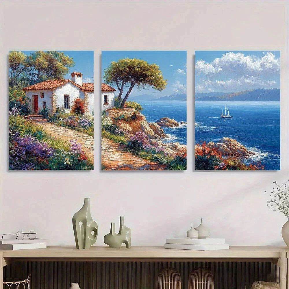 3pcs Mediterranean Coast Scene Metal Print Ready to Hang Art