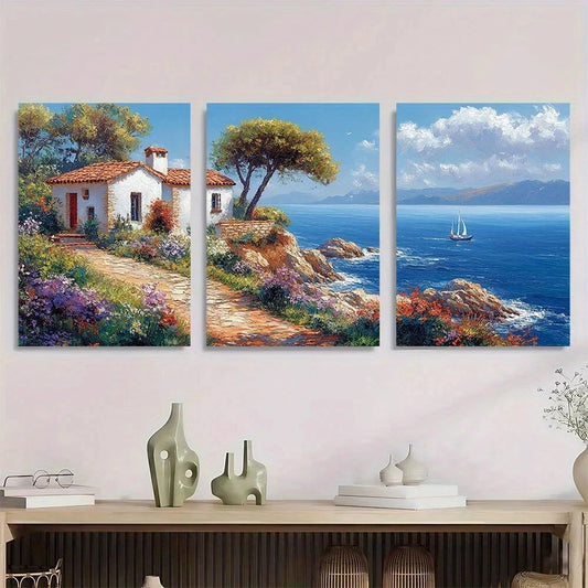3pcs Mediterranean Coast Scene Metal Print Ready to Hang Art