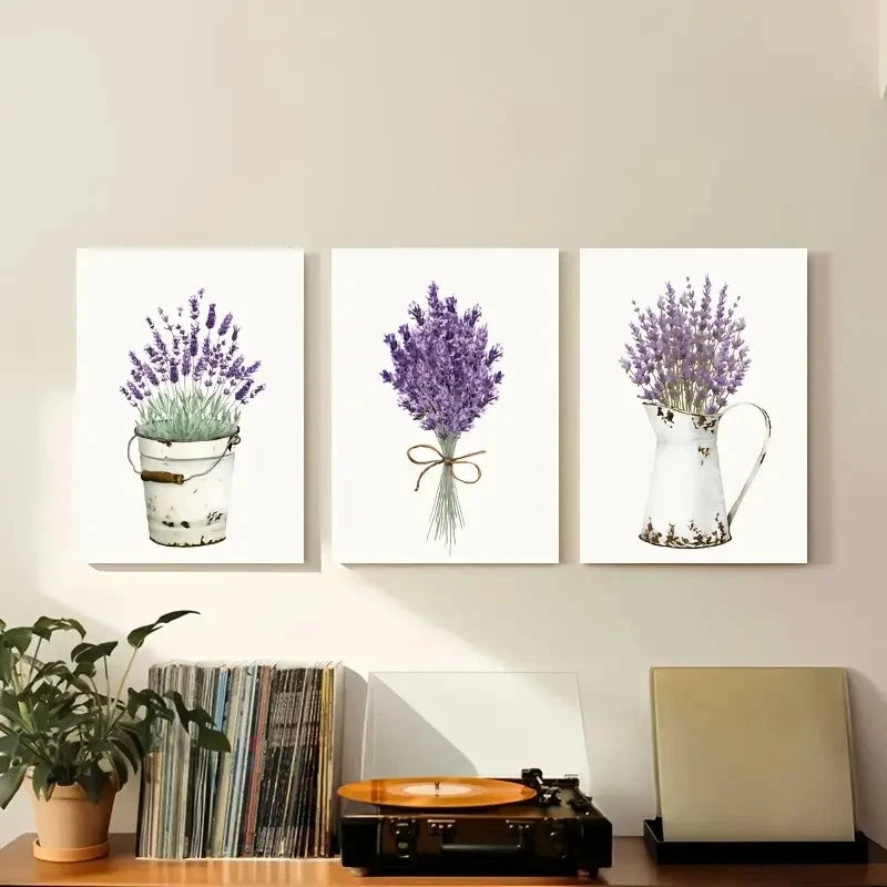3pcs Watercolor Lavender Lilac Paintings Metal Print Ready to Hang Art