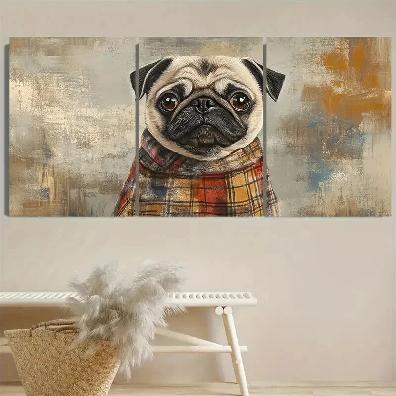 3pcs Adorable Pug with Plaid Dress Metal Print Ready to Hang Art