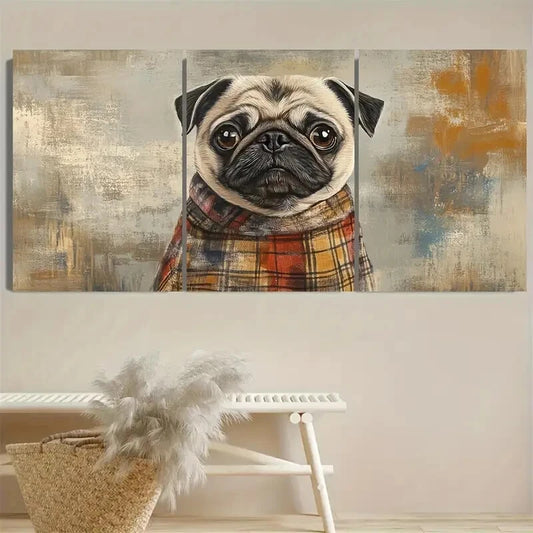 3pcs Adorable Pug with Plaid Dress Metal Print Ready to Hang Art