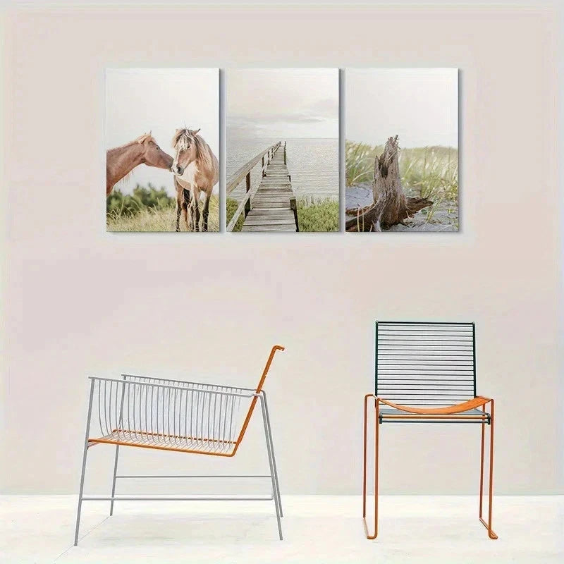 3pcs Coastal Scene with Horse Metal Print Ready to Hang Art