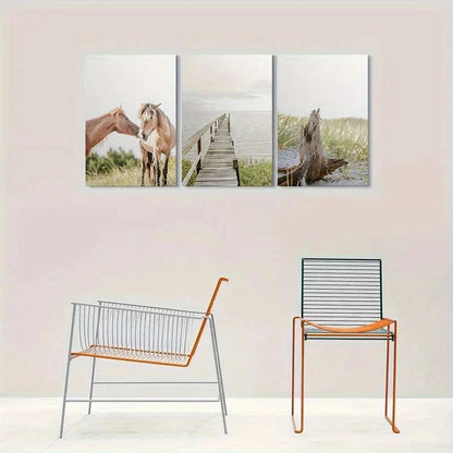3pcs Coastal Scene with Horse Metal Print Ready to Hang Art