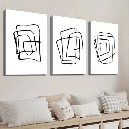 3pcs Modern Abstract Black And White Line Shape Wall Art Set Canvas Framed 50x70cm - High Quality Print 100% Australian Made Wall Canvas Ready to Hang
