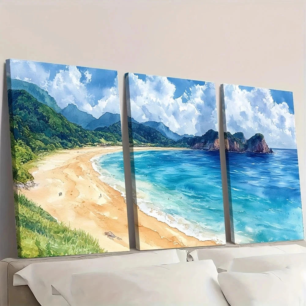 3pcs Sandy Beach Watercolor Coastal Scene Wall Art Set Canvas Framed 50x70cm - High Quality Print 100% Australian Made Wall Canvas Ready to Hang