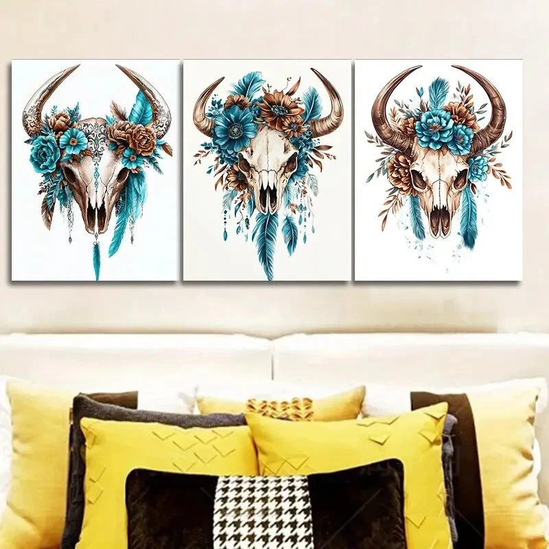 3pcs Oil Paintings Depicting The Skull Of Cow Metal Print Ready to Hang Art