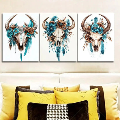 3pcs Oil Paintings Depicting The Skull Of Cow Metal Print Ready to Hang Art