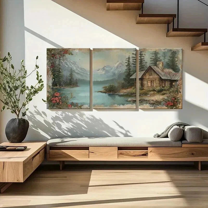 3pcs Rustic Log Cabin Lake View Snowy Mountains Wall Art Set Canvas Framed 40x60cm - High Quality Print 100% Australian Made Wall Canvas Ready to Hang