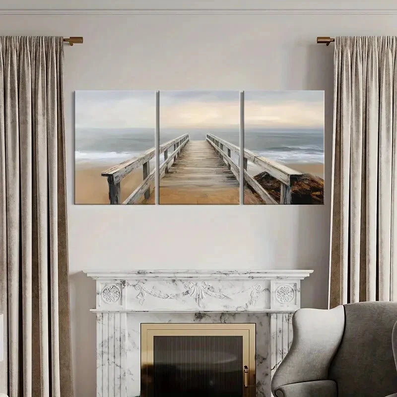 3pcs Wooden Dock Ocean Waves Coastal Landscape Metal Print Ready to Hang Art